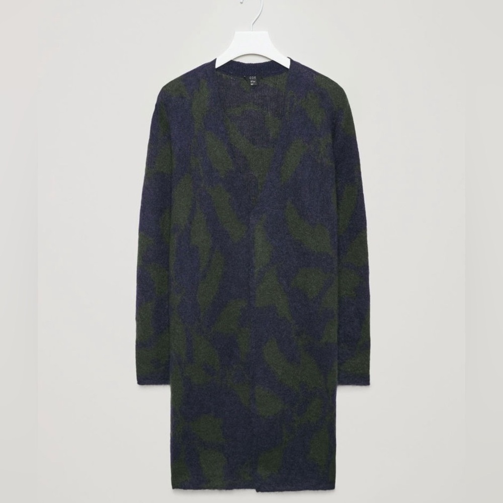 COS Navy & Green Open Front Cardigan Mohair Wool Blend Fuzzy - Size Small